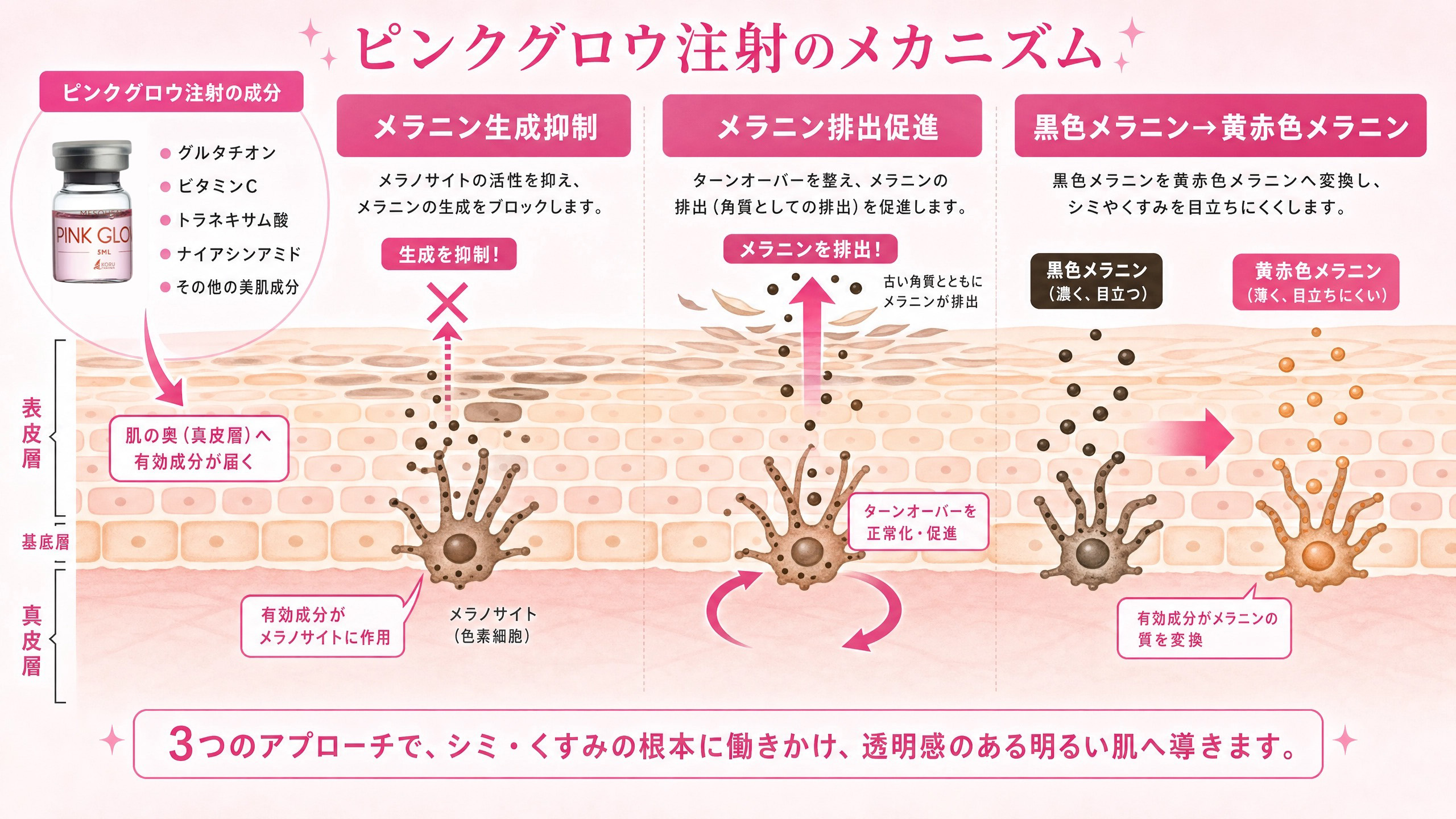 ピンクグロー注射のメカニズム：メラニン生成抑制、排出促進、色転換